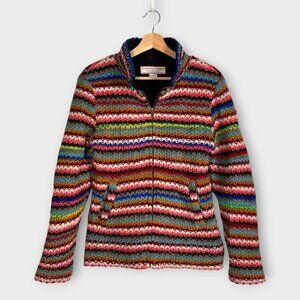 Wool Sweater Jacket MEDIUM Nepal Hand Knit Artisan Full Zip Fleece Lined